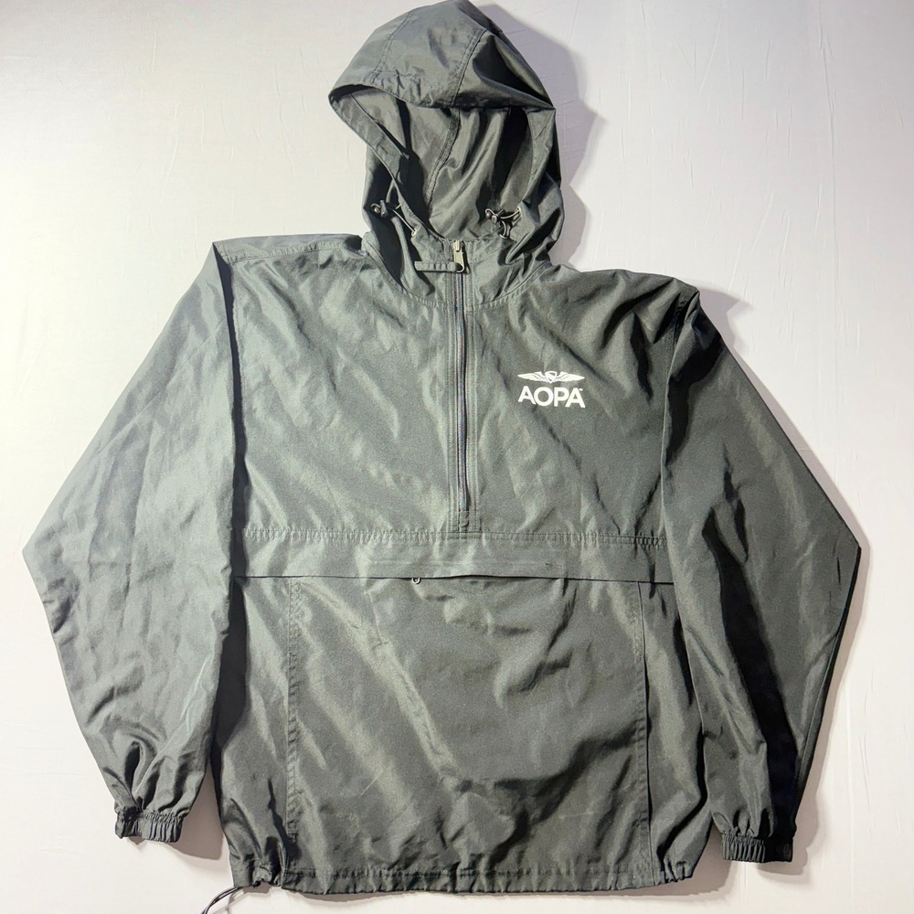 Champion AOPA Mens Black Quarter Zip Windbreaker Hooded Jacket Small Aviation